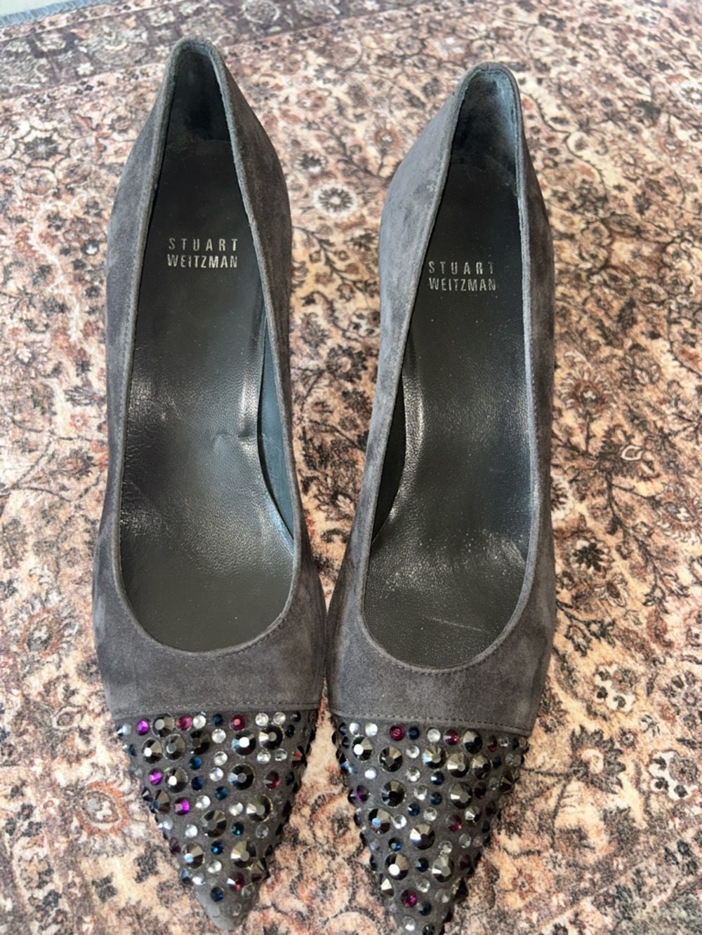 Stuart Weitzman Gray Suede Pointed Toe Pumps with Multicolor Studs